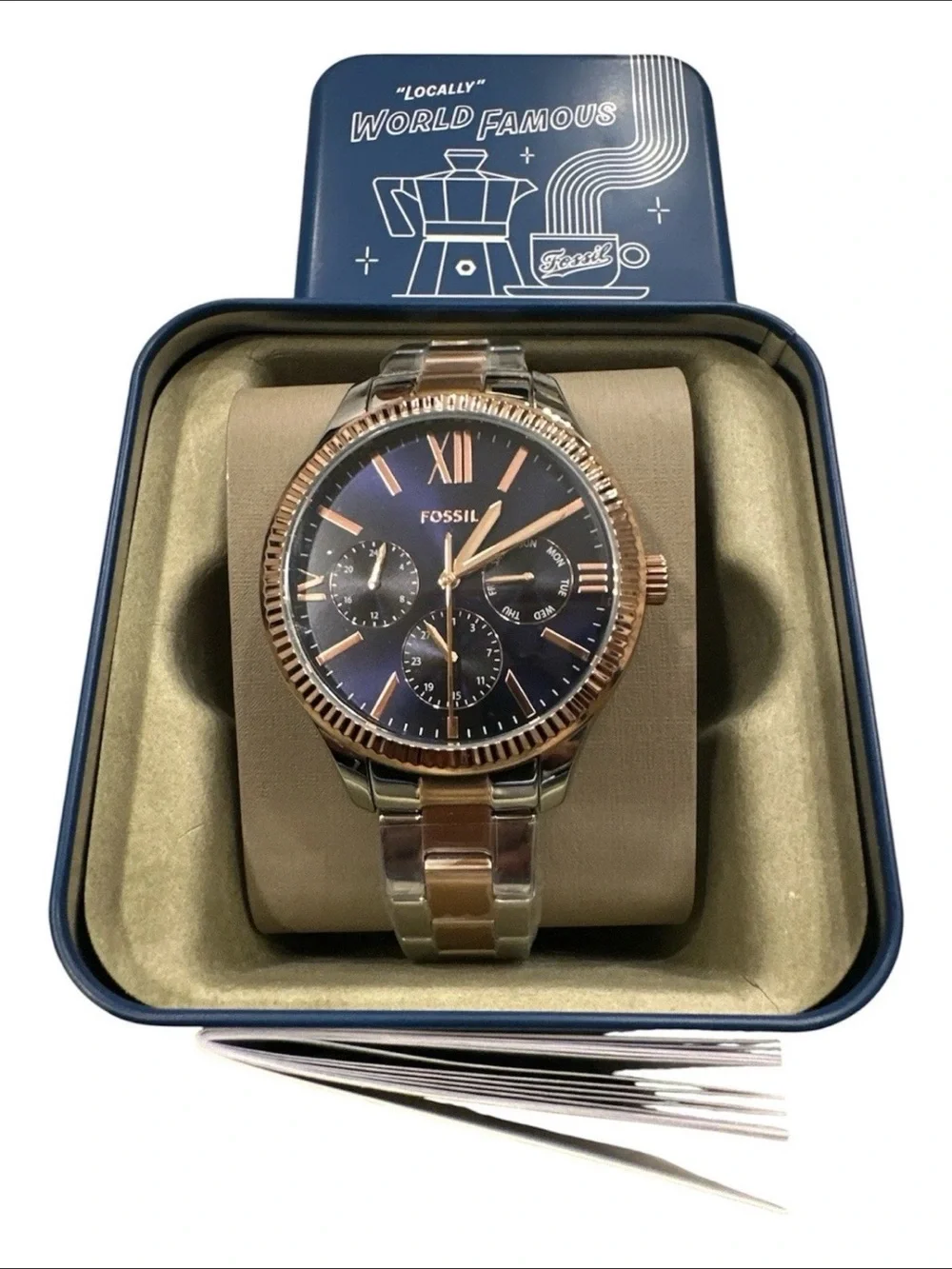 Fossil BQ7097 Men's Multifunction Watch Navy Dial  Gold Two-Tone Steel NEW